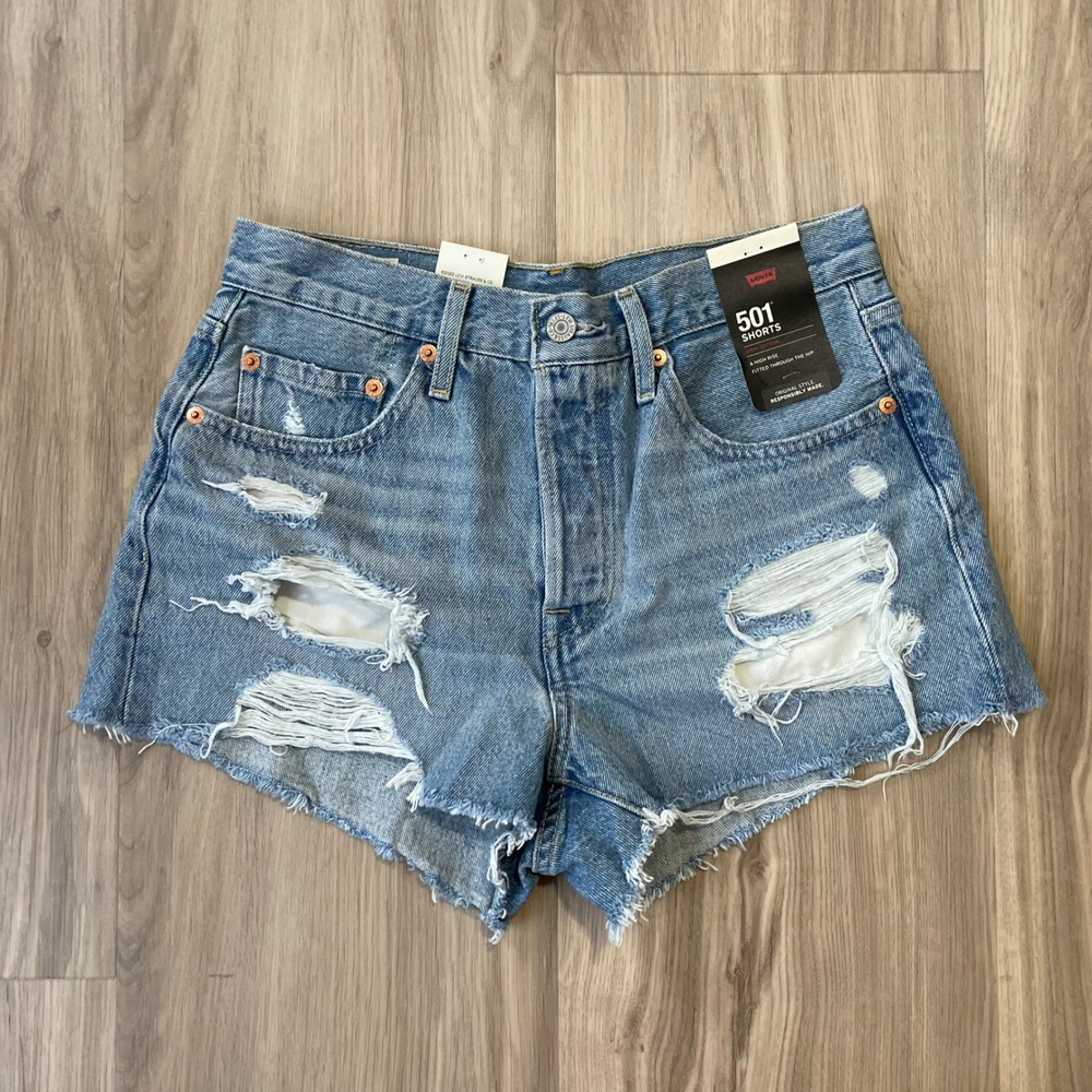 Levis Premium 501 Original High Rise Distressed Denim Shorts